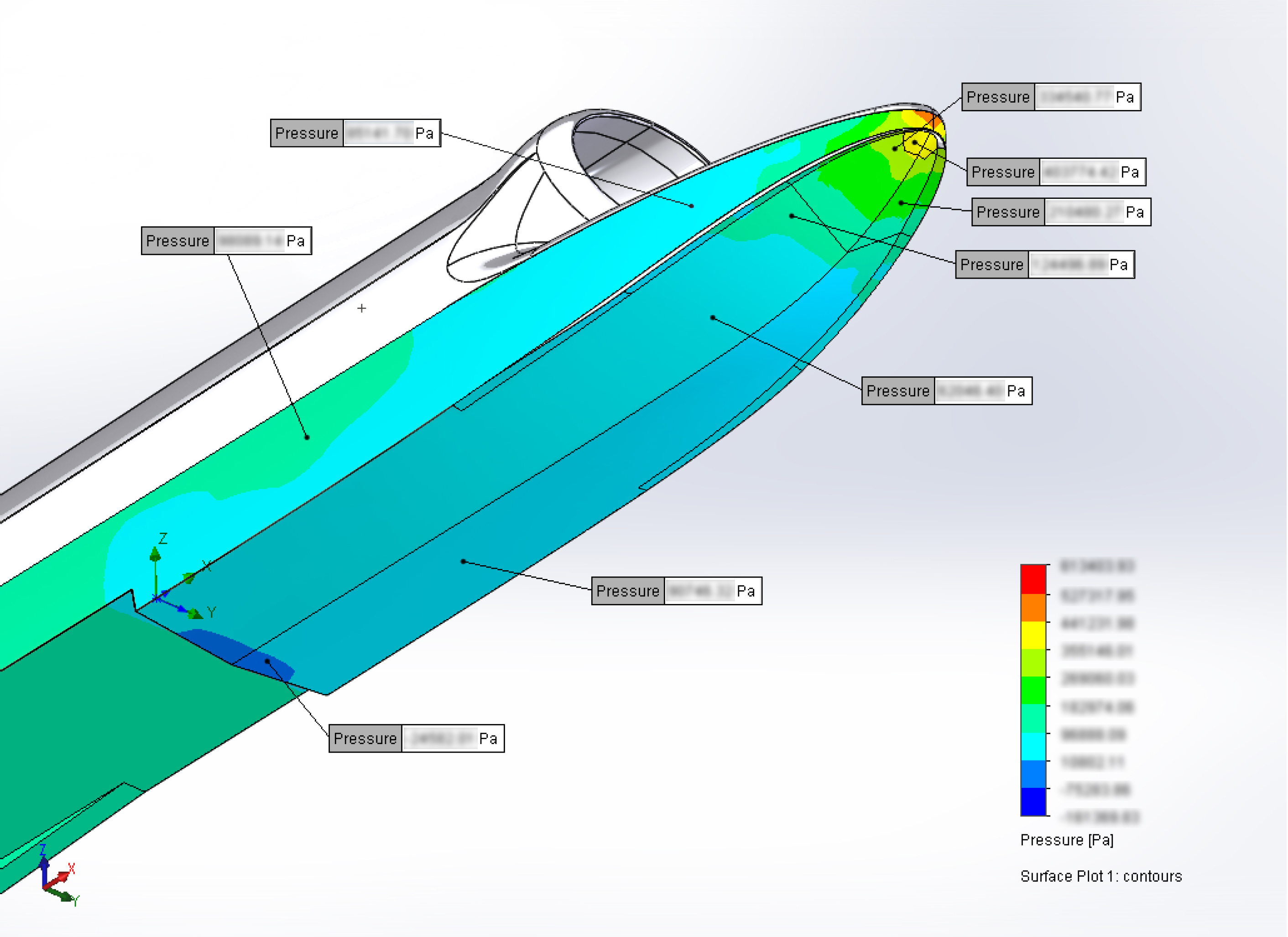 Computer-generated CFD image showing the distribution of water pressure over the boat’s main hull as it accelerates at the start of a run.