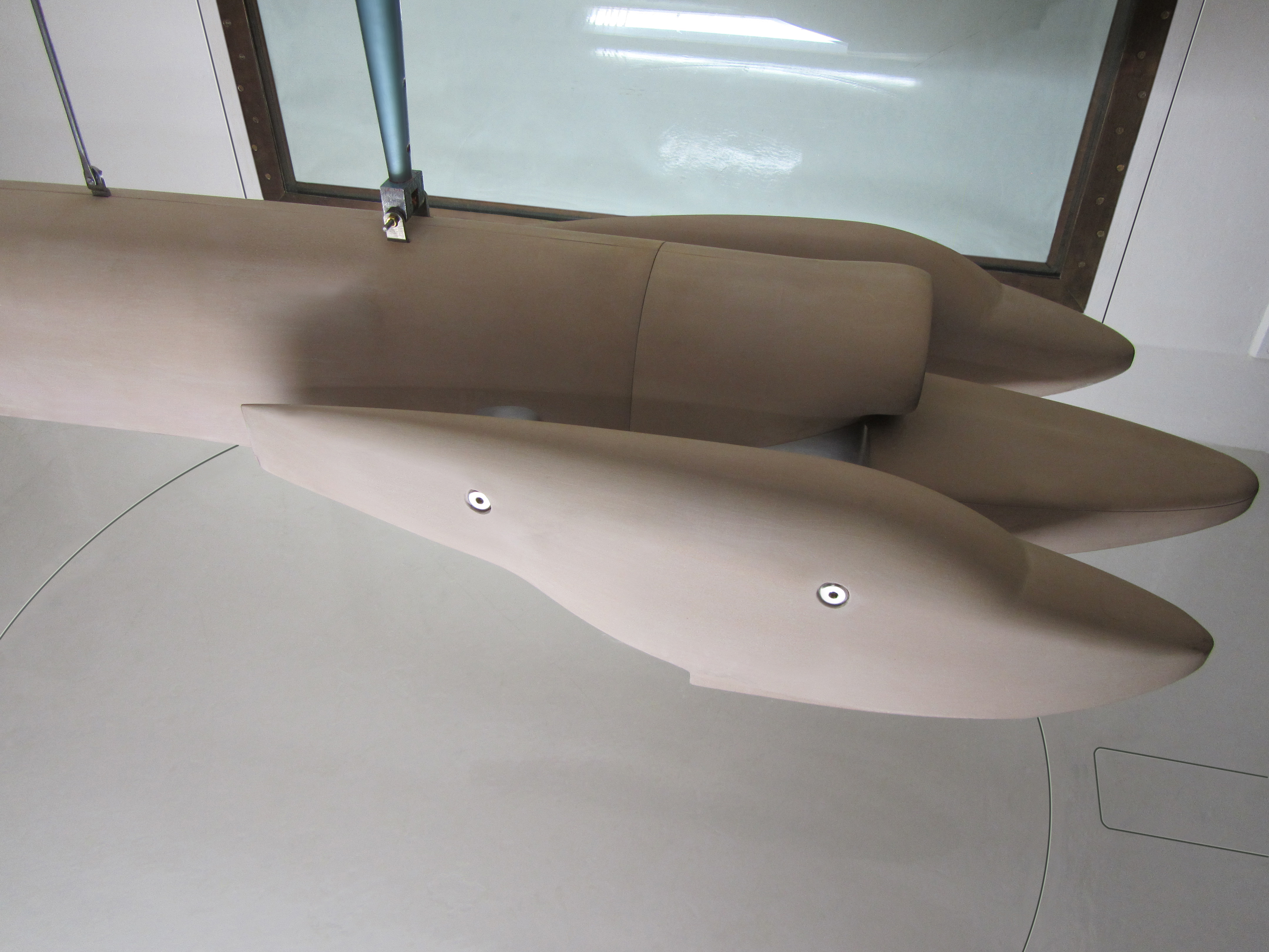 Scale model of the boat being tested in the principal windtunnel at the University of Salford.