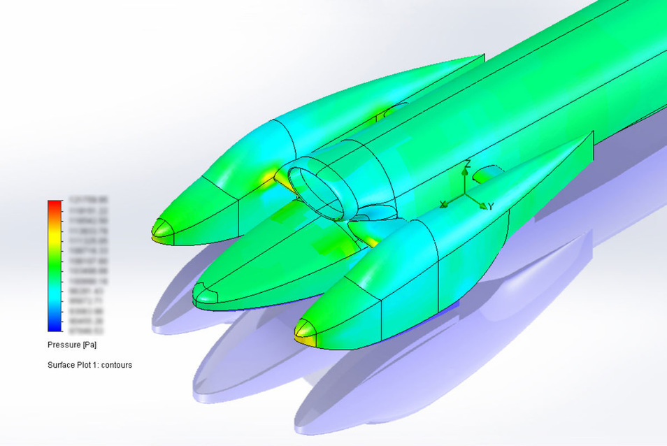 Computer-generated image showing the air pressure distribution over the boat at 350 mph.