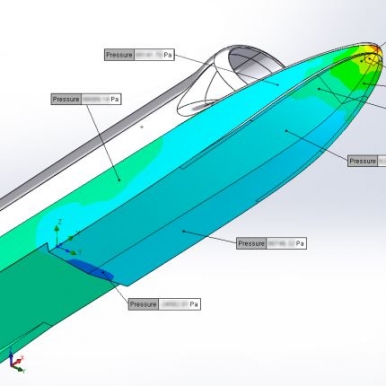 Computer-generated CFD image showing the distribution of water pressure over the boat’s hull as it accelerates at the start of a run.